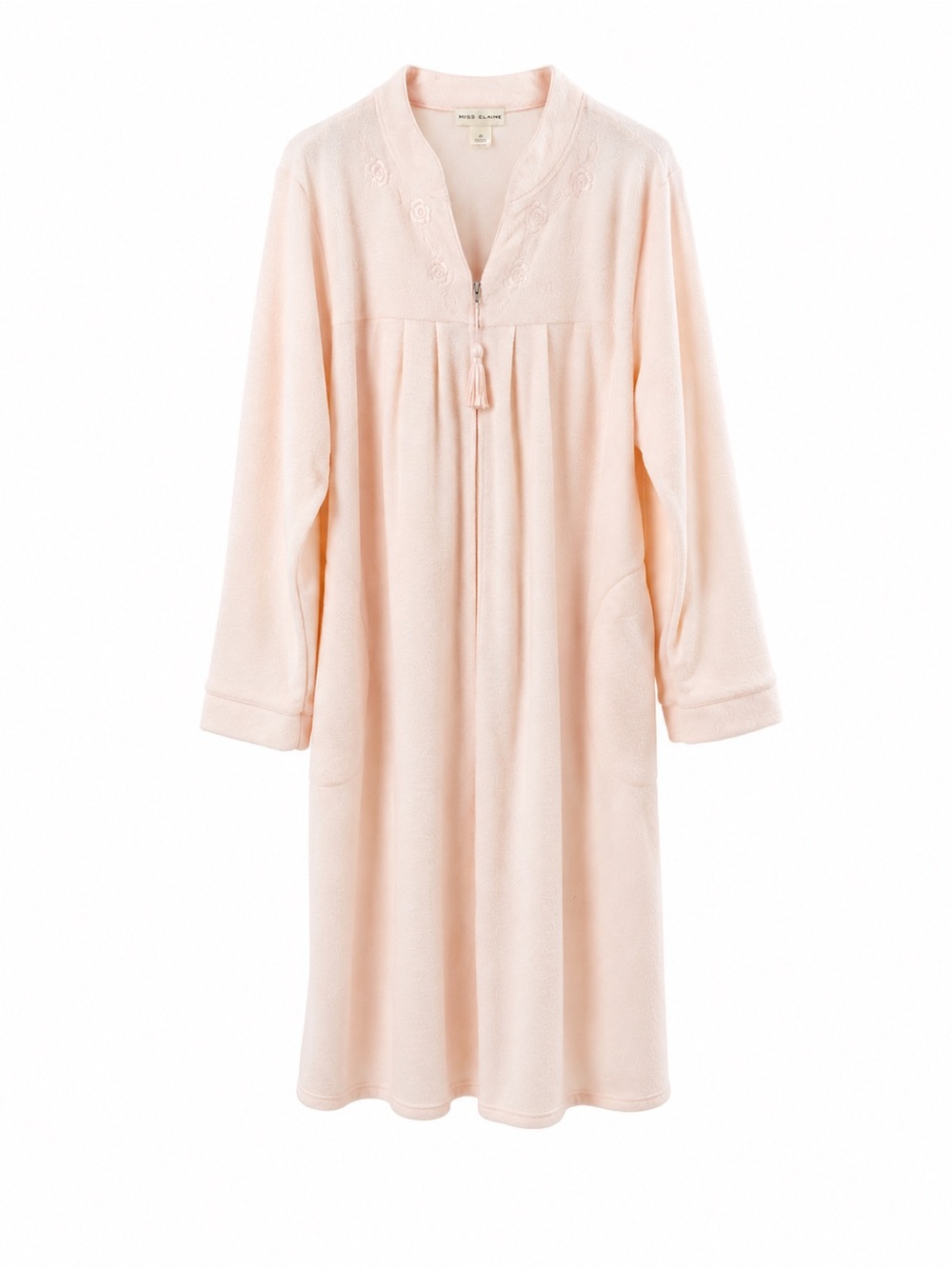 Vintage Miss Elaine Pink Zip Front Housecoat Women’s XL Long Plush EmbroideryEUC